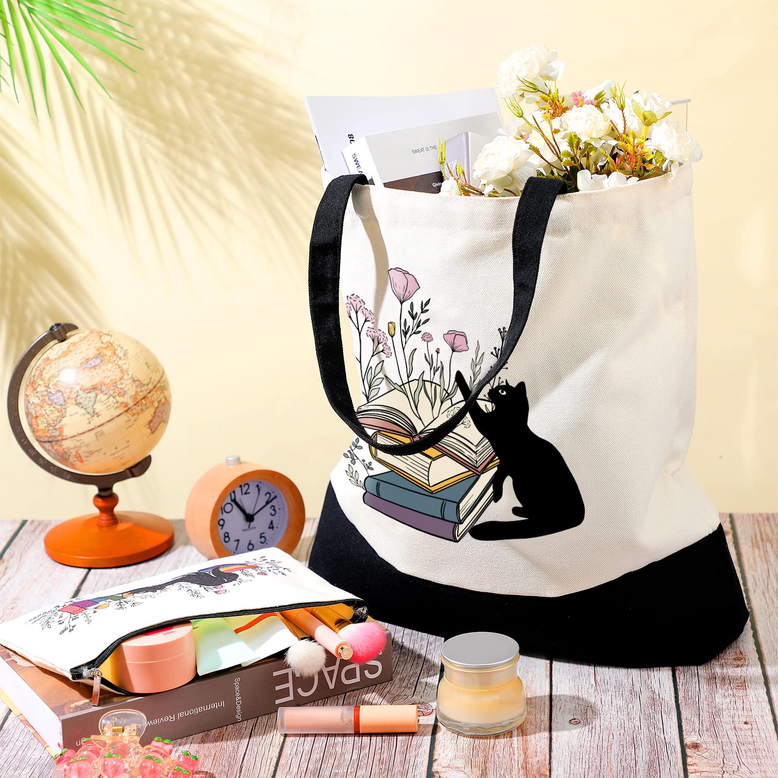 Cunno 2 Pcs Black Cat Book Tote Bags Purse Set Book Lovers Gifts Canvas Tote Bags Librarian Bookish Birthday Gifts(Cat)